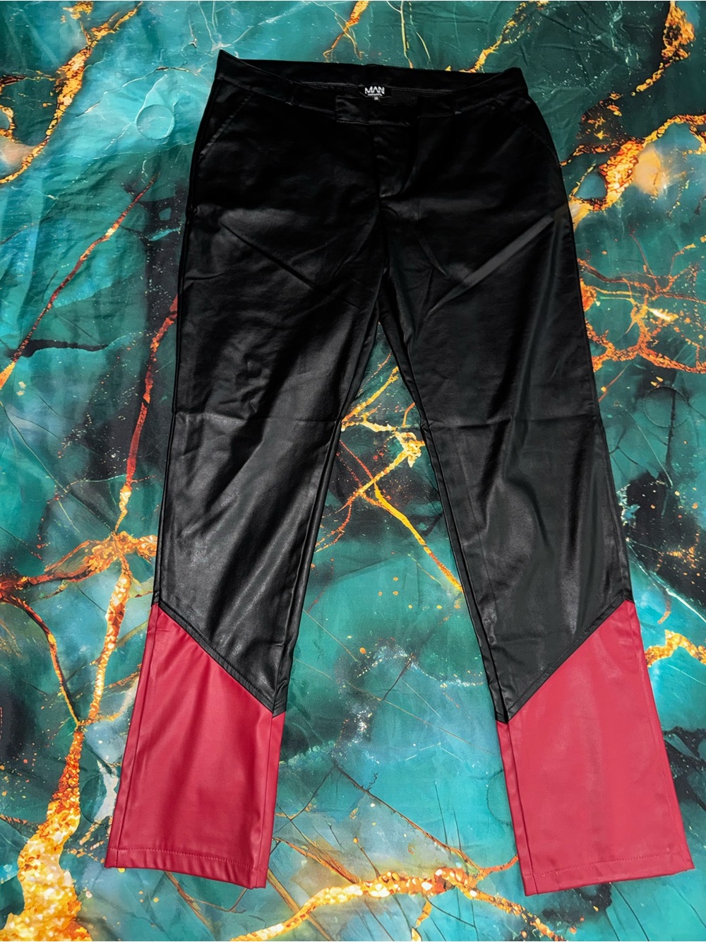 Boohoo Black Faux Leather Leggings with Red Colorblock Hem